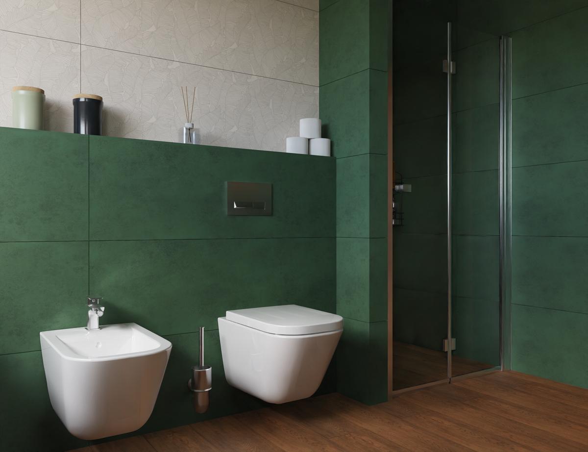 Połączenie drewna i ciemnej zieleni w łazience - BLU Salony Łazienek
