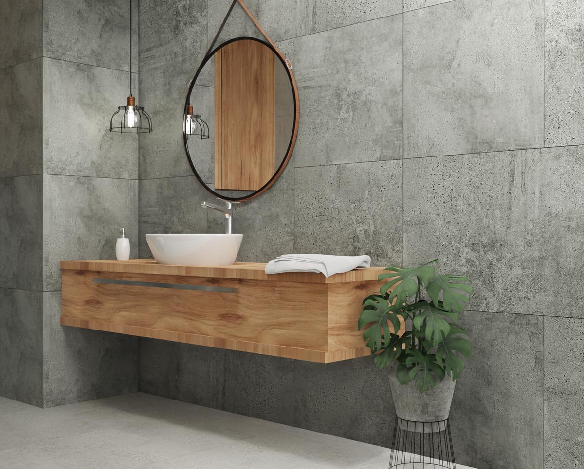 Połączenie szarości i drewna w łazience - BLU Salony Łazienek