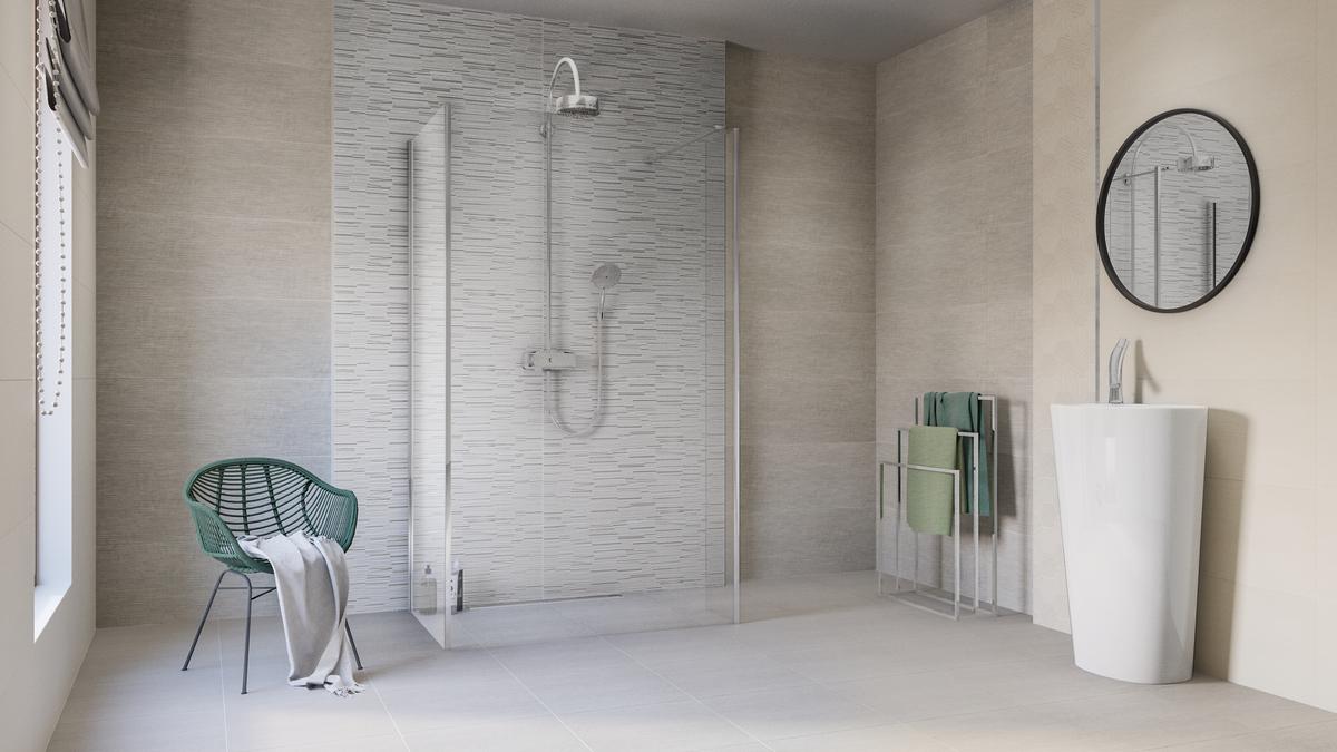 Projekt biało-szarej łazienki z płytkami Azario Mareda - BLU Salony Łazienek