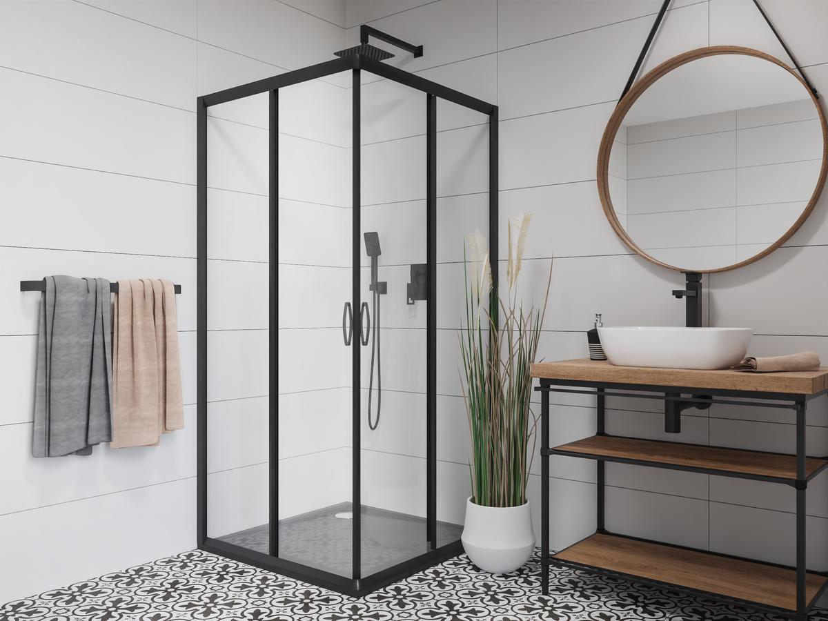 Projekt łazienki z czarnymi akcentami i biała płytką Azario Nevesta - BLU Salony Łazienek