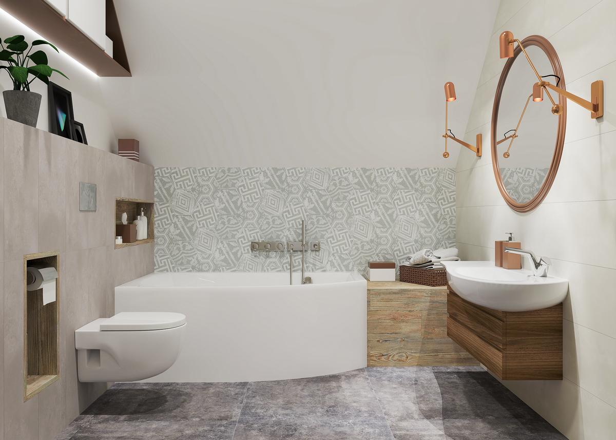 Projekt małej łazienki na poddaszu - Azario Neutro oraz Cerrad Montego - BLU Salony Łazienek