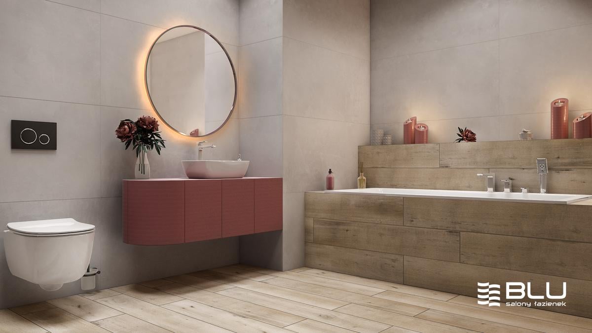 Romantyczna łazienka z różowymi dodatkami i płytkami Azario Honshu mat - BLU Salony Łazienek