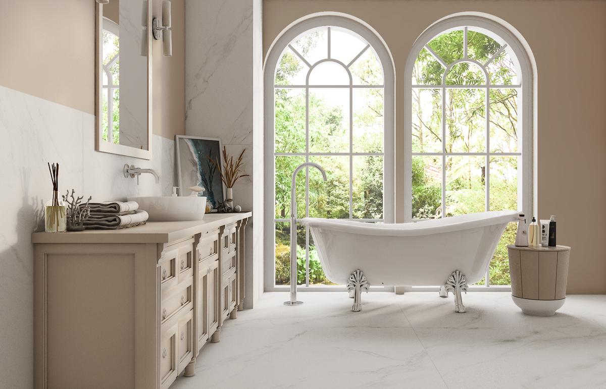 Styl Hampton w łazience z marmurowymi płytkami w wielkim formacie - BLU Salony Łazienek