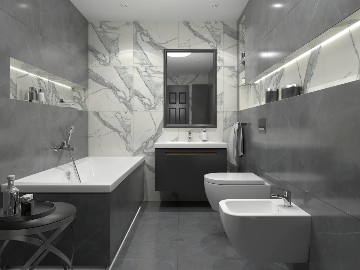 Surowość marmuru - Tubądzin Specchio Carrara oraz Tubądzin Gray Pulpis - BLU Salony Łazienek