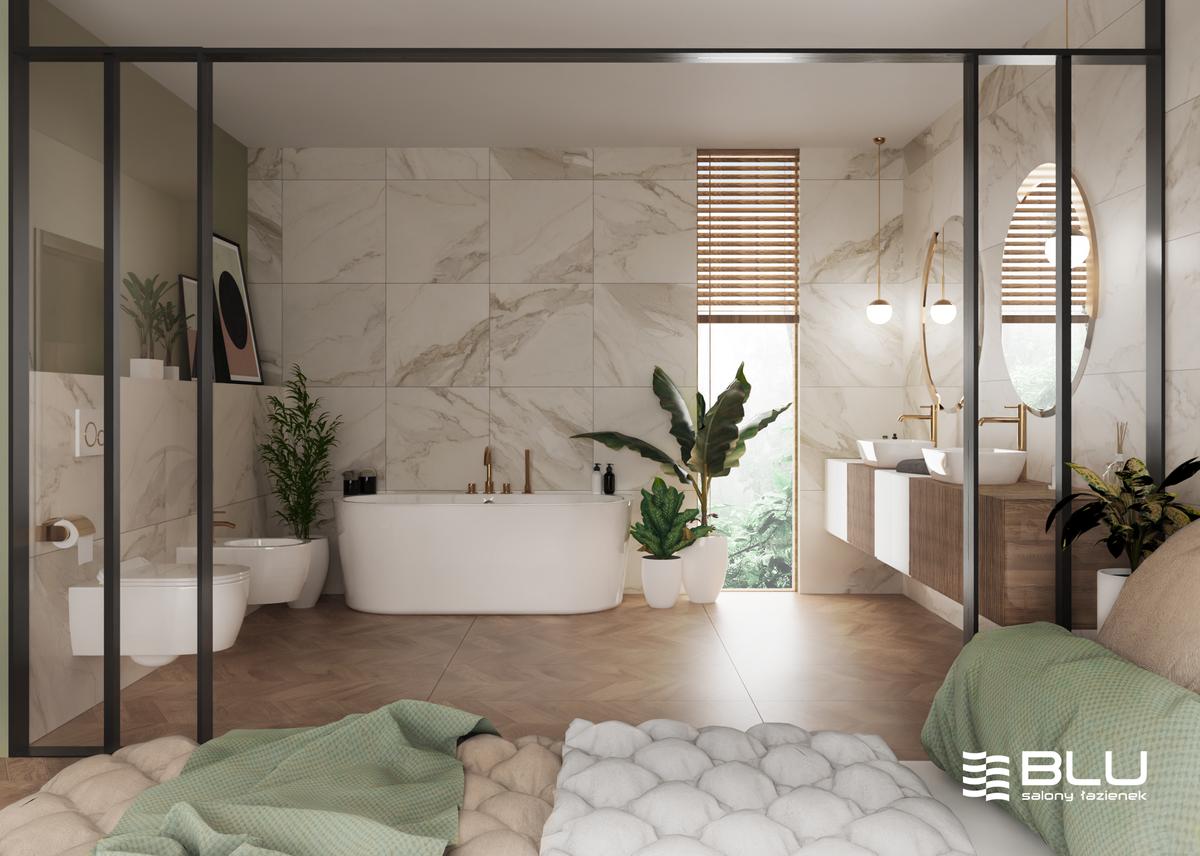 Sypialnia z domowym spa w drewnie i eleganckim marmurze Azario - BLU Salony Łazienek