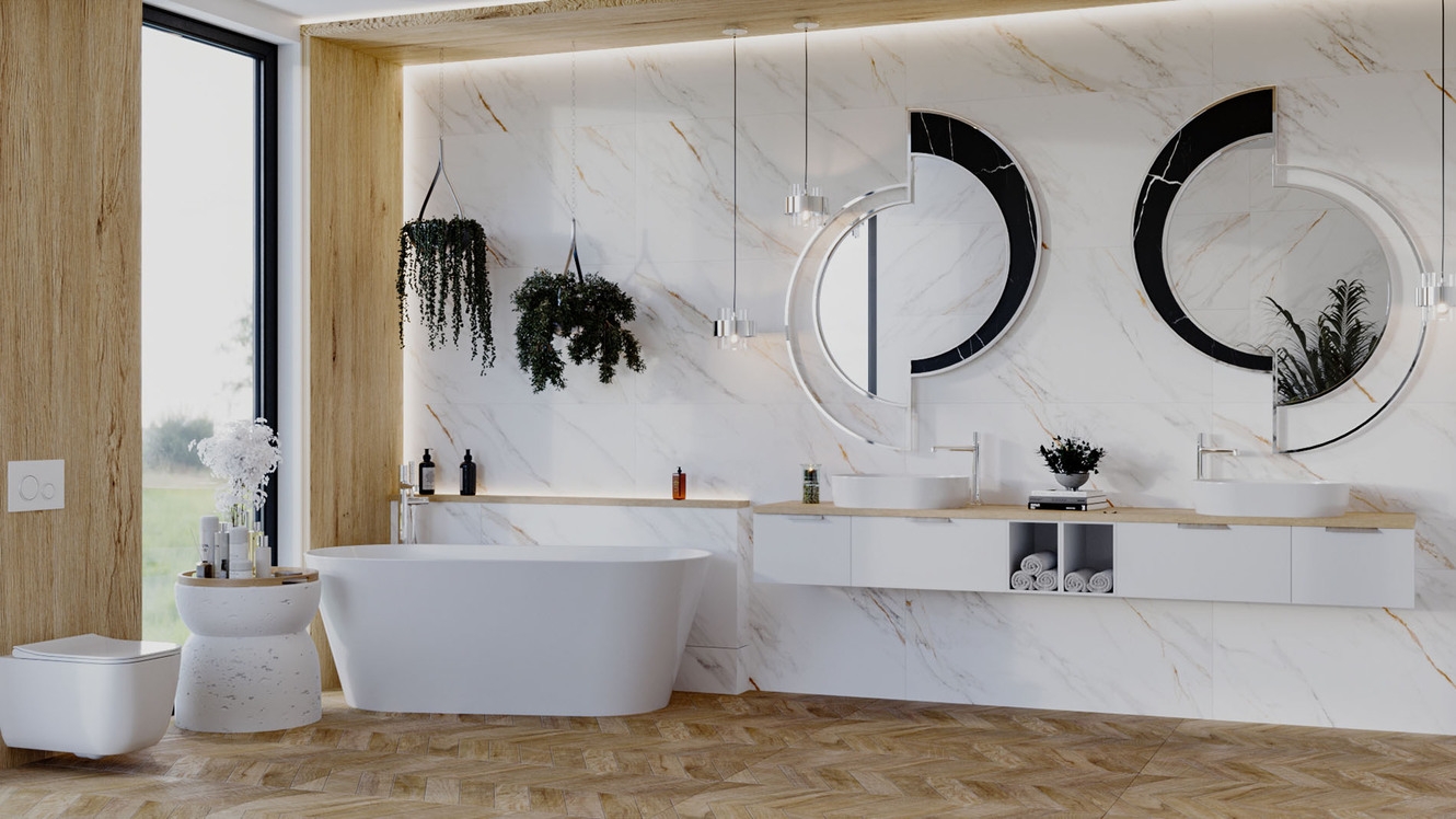 Marmurowy salon kąpielowy z nutą drewna
