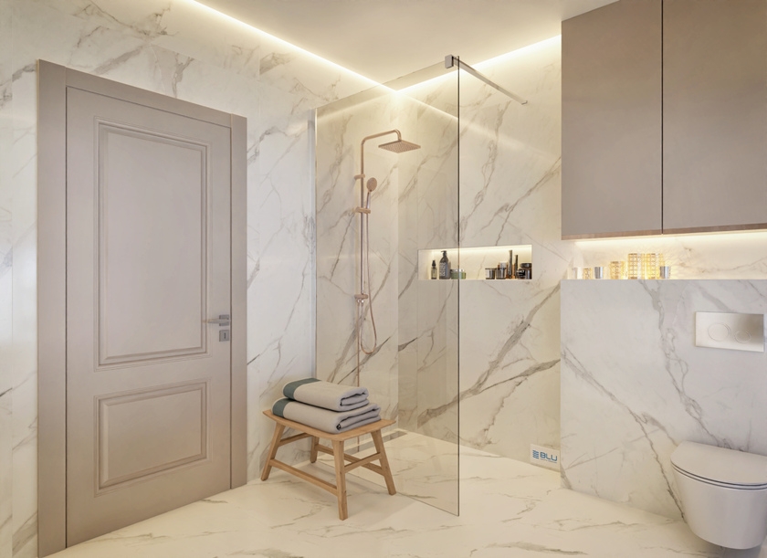 Marmur w łazience z kabiną prysznicową walk-in