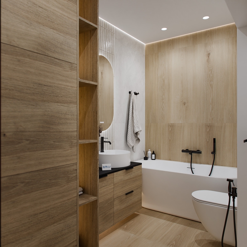 Biel i drewno w łazience 4,68 m2
