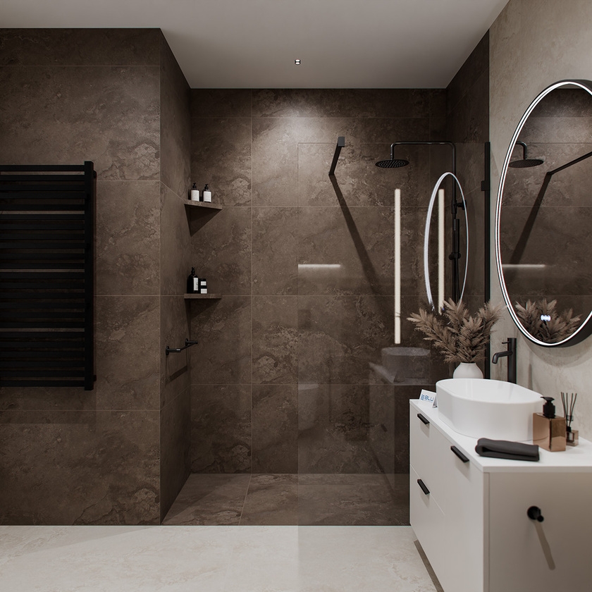 Kabina walk-in we wnęce w brązowej łazience 6,7m2