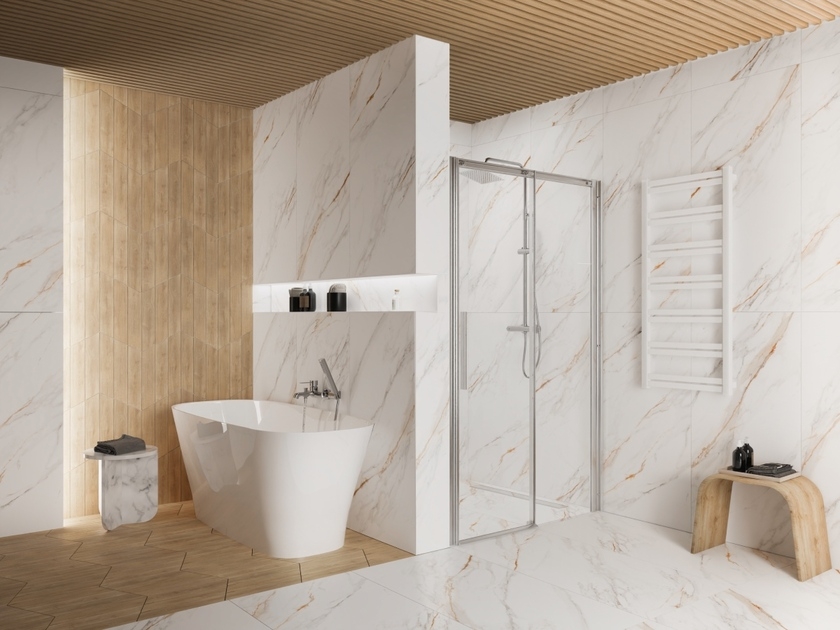 Biała łazienka z elementami drewna z płytkami Azario Etnic White