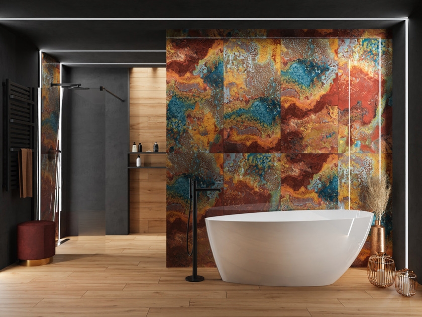 Wielokolorowe płytki Azario Octavia Red w nowoczesnej łazience