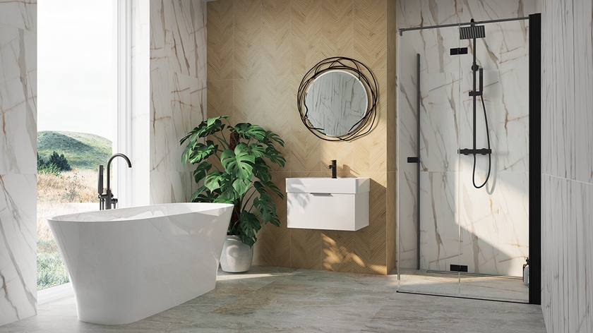 Marmurowa łazienka z płytkami Azario Tissimo i elementami drewna