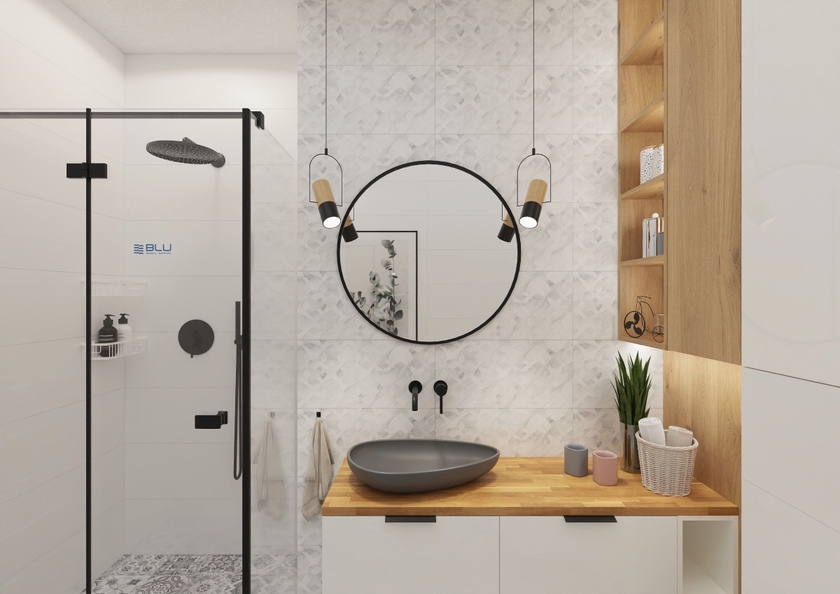 Biało czarna łazienka z kabiną prysznicową IÖ Forsa