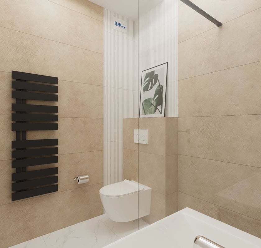 Projekt łazienki 4m2 z kabiną prysznicową i płytkami Azario Sonic Sand