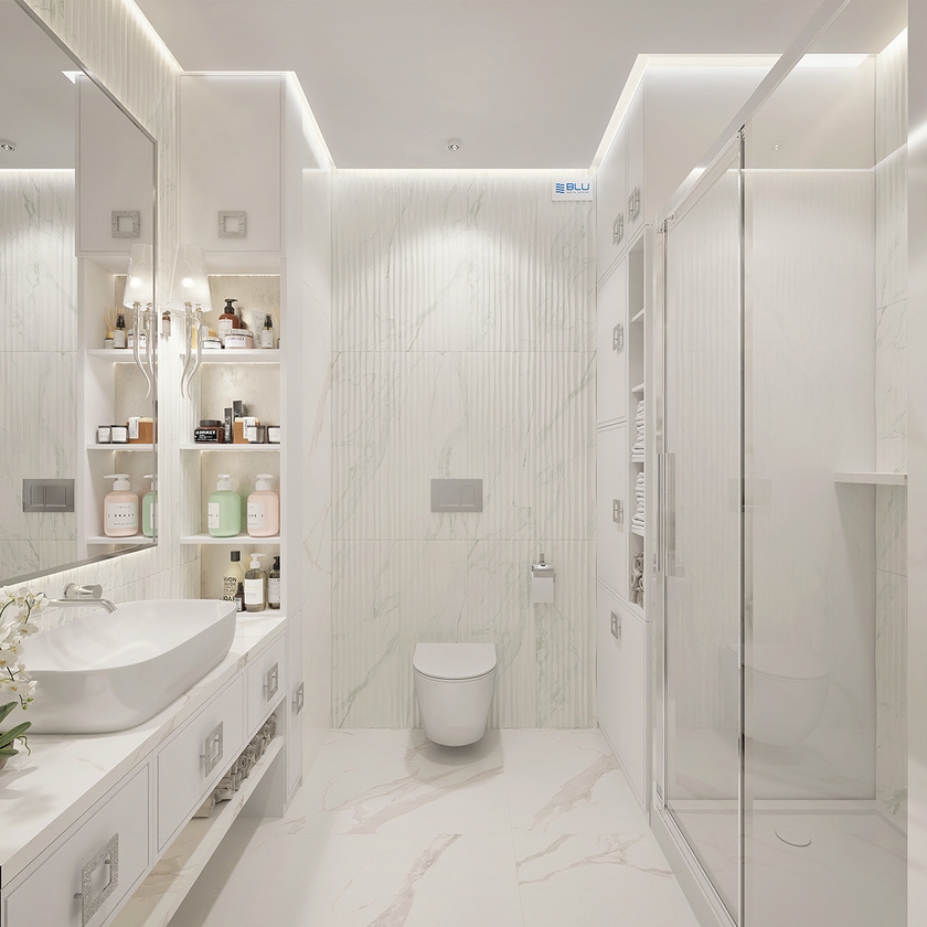 Marmurowa łazienka w stylu minimalistycznym z płytkami Azario Bireno
