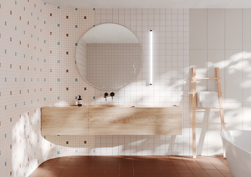 Kolorowa mozaika w łazience z płytkami Ceramika Paradyż Modernizm