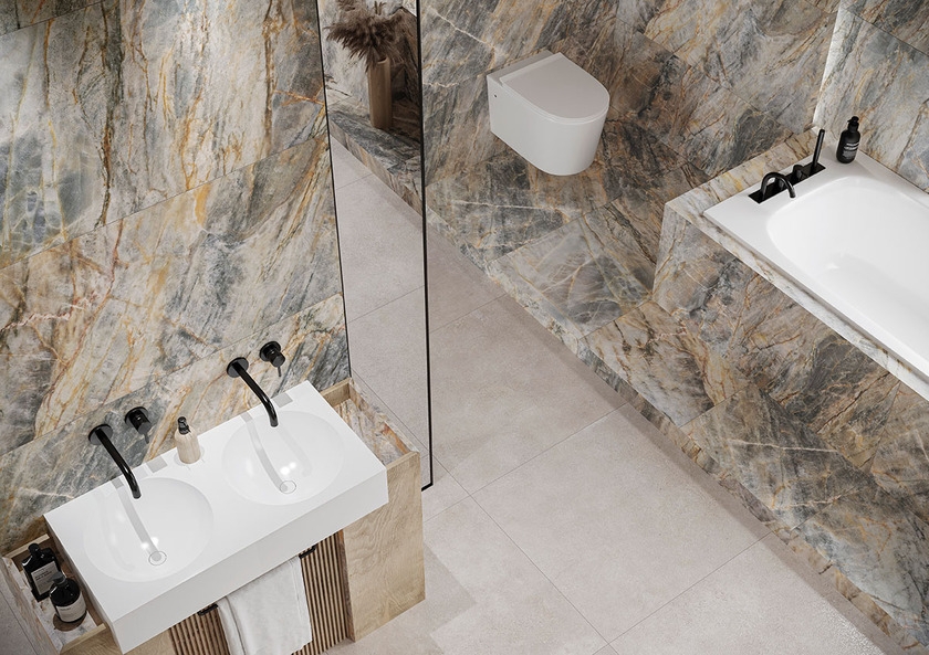 Łazienka z płytkami Cerrad La Mania Brazilian Quartzite