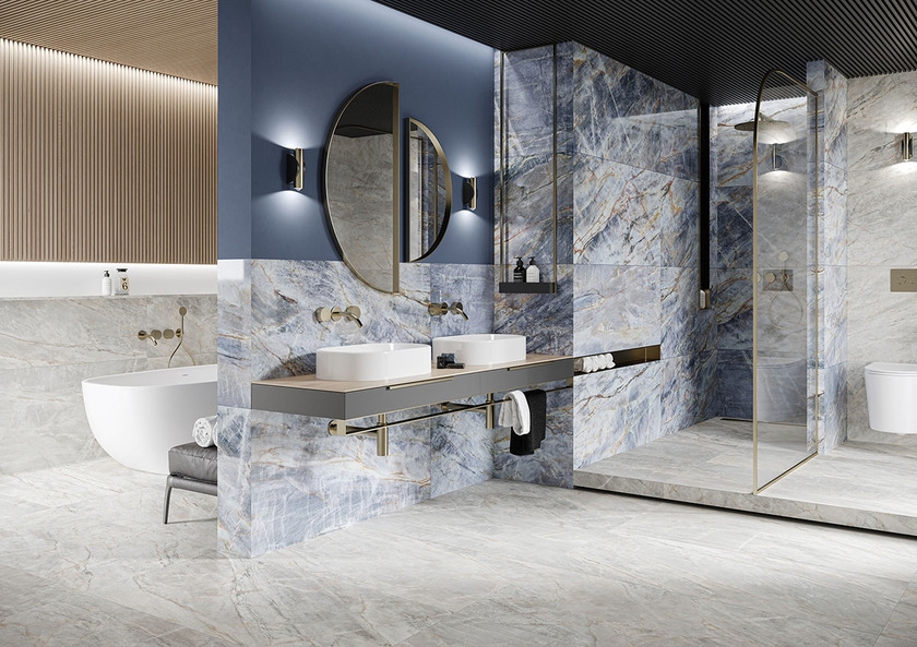 Łazienka z niebieskimi płytkami Cerrad x La Mania Brazilian Quartzite Blue