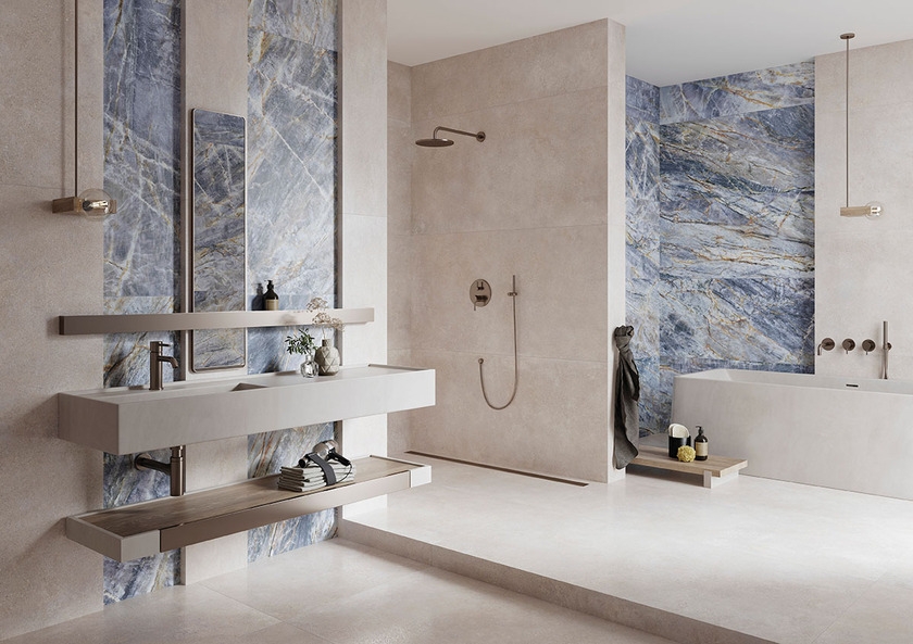 Beżowo - niebieska łazienka z płytkami Cerrad x La Mania