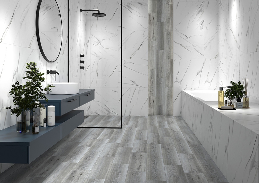 Biała łazienka z płytkami imitującymi drewno Cerrad Kors Bianco