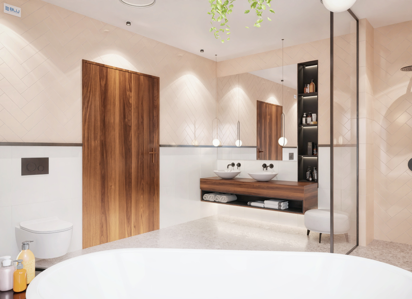 Retro łazienka w bieli, drewnie i różu z wanną wolnostojącą i kabiną walk-in