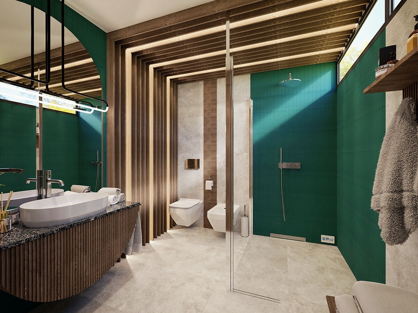 Zielona łazienka z kabiną prysznicową IÖ Larso