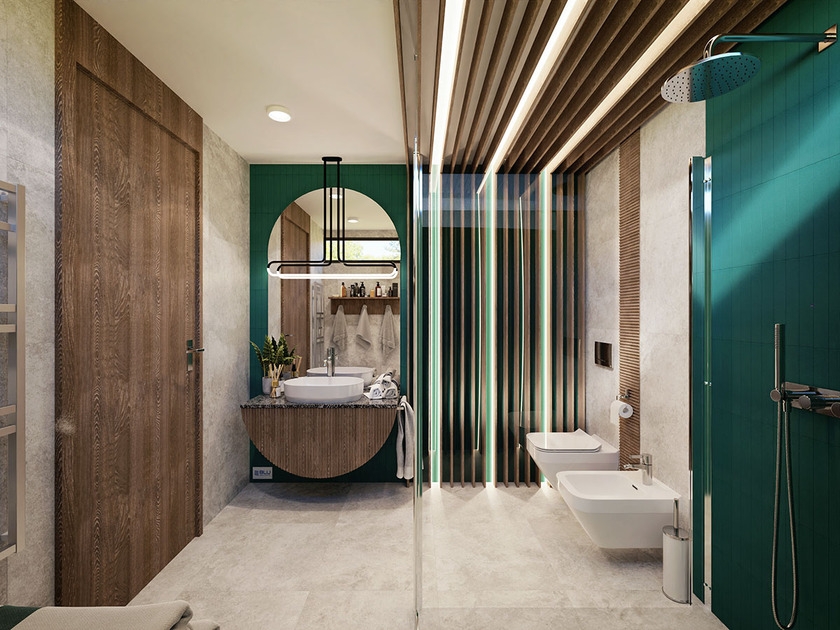 Szarość, drewno i zieleń w nowoczesnej łazience