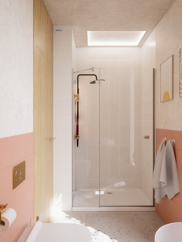 Mała brzoskwiniowa łazienka z kabiną prysznicową