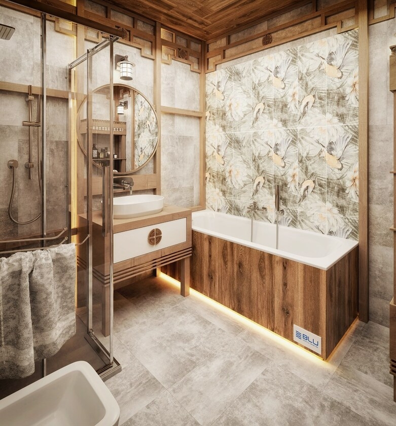 Orientalna łazienka 6m2 z wanną i kabiną prysznicową