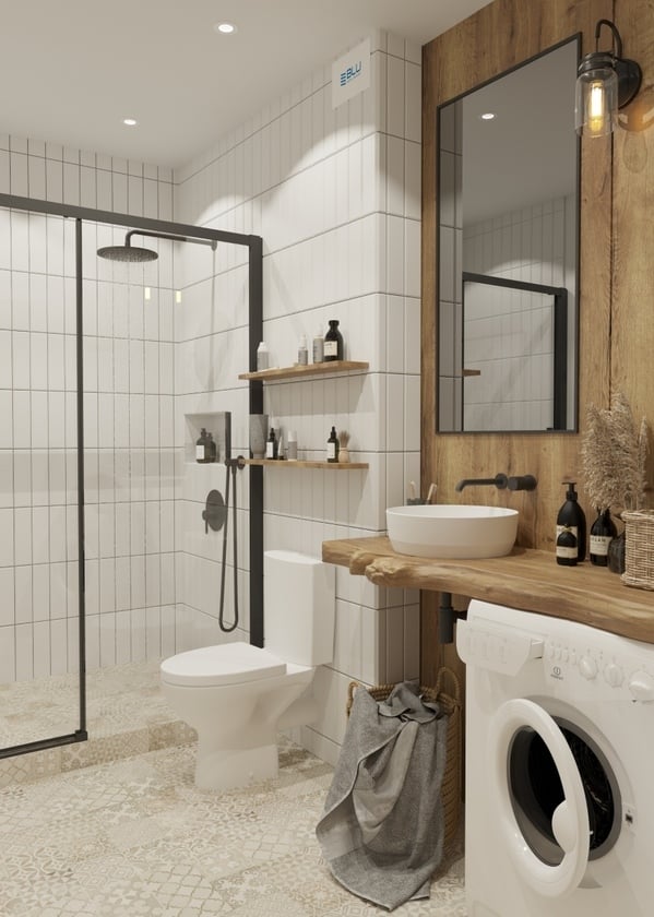 Biało - beżowa łazienka z elementami drewna i kabiną prysznicową