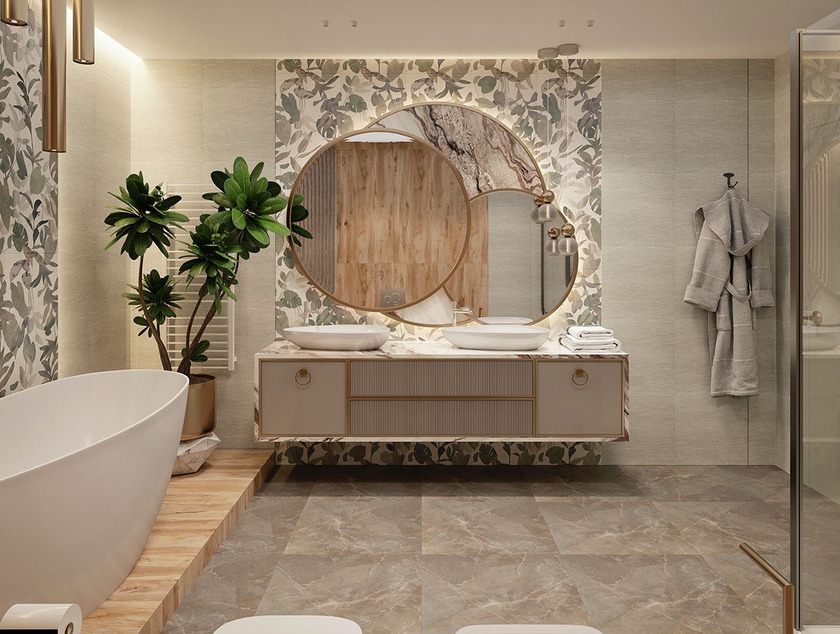 Orientalna łazienka z florystycznymi płytkami Azario Vena