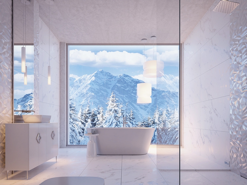 Zimowa łazienka w bieli z wanną wolnostojącą