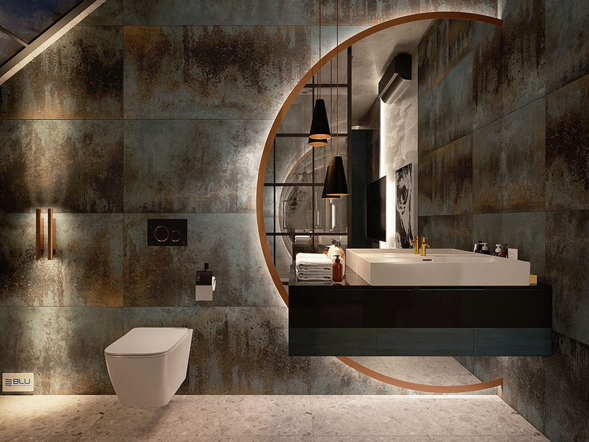 Industrialna łazienka z imitującymi metal płytkami Azario Orton