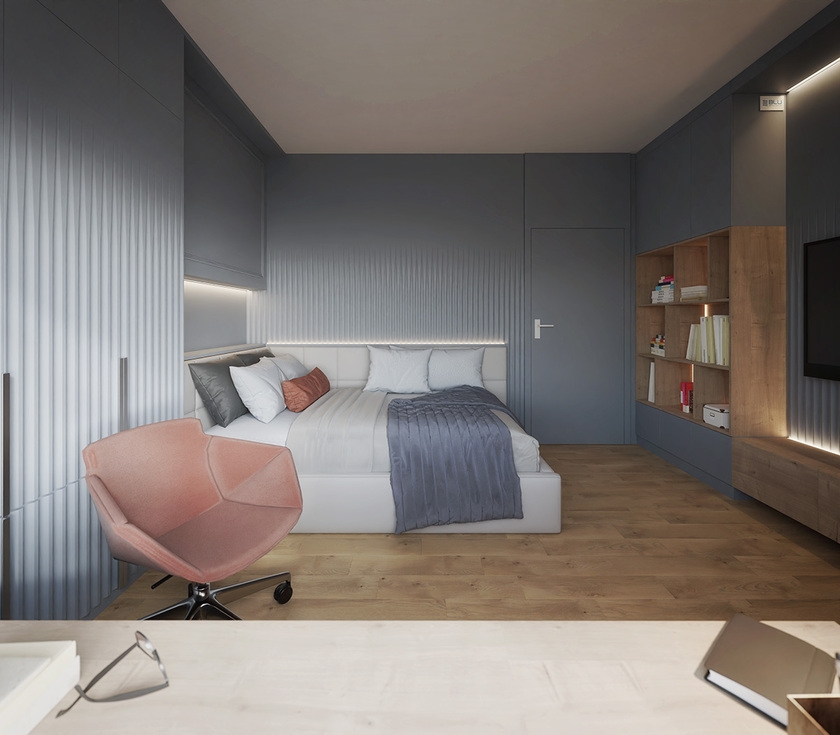 Sypialnia z płytki drewnopodobnymi i biurkiem