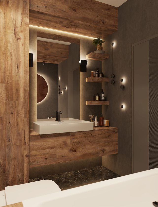 Aranżacja małej łazienki z umywalką nablatową i płytkami przypominającymi drewno i marmur
