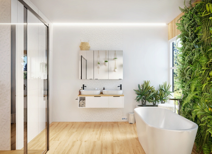 Salon kąpielowy w nowoczesnym stylu z płytkami drewnopodobnymi Azario Milena Cerezo