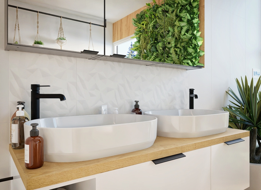 Umywalki nablatowe IÖ Sirio w białej łazience z imitacją drewna