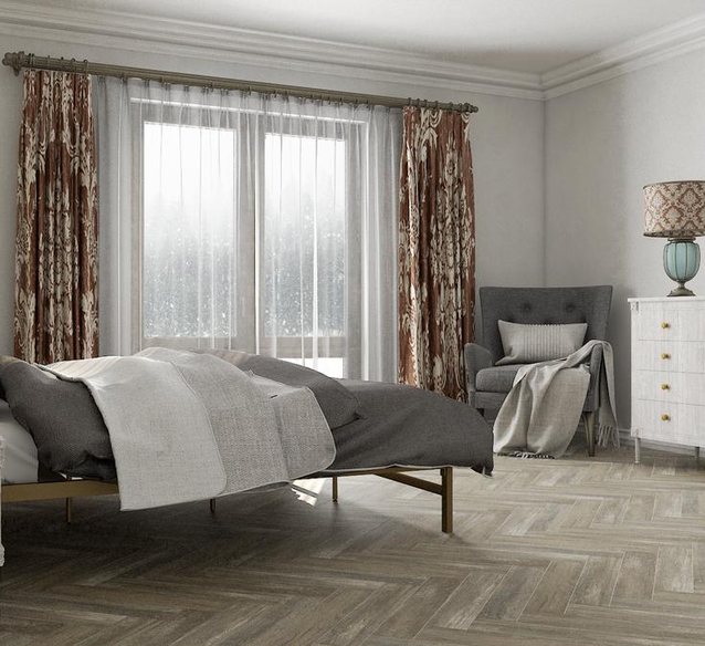 Aranżacja sypialni vintage z drewnianą jodełką Cerrad Notta brown - BLU Salony Łazienek