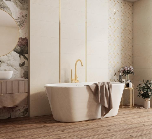 Elegancka aranżacja strefy kąpielowej z płytkami Tubądzin Plain Stone - BLU Salony Łazienek