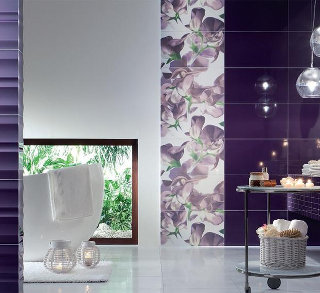 Fioletowa łazienka z kwiatowym akcentem - Tubądzin Colour Violet - BLU Salony Łazienek