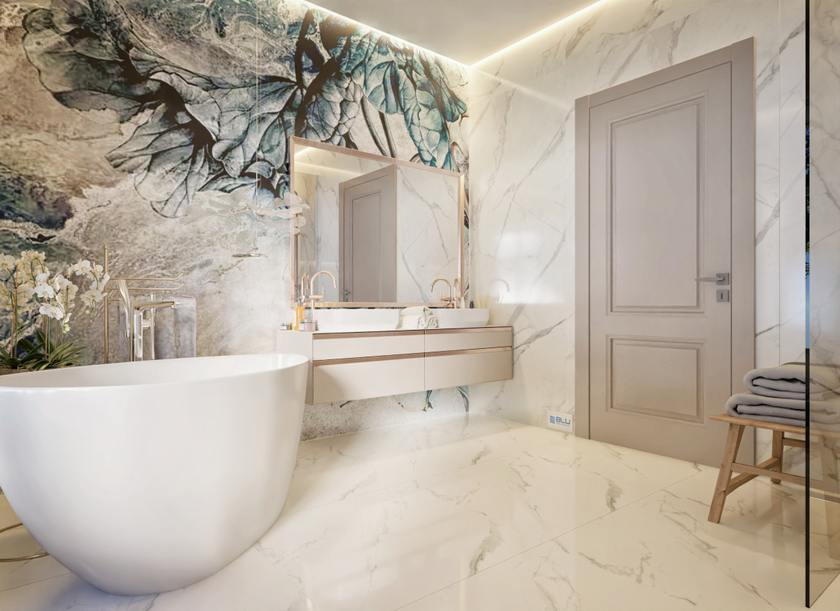 Salon kąpielowy na dzień kobiet z płytkami imitującymi marmur Monolith Tubądzin Pietrasanta