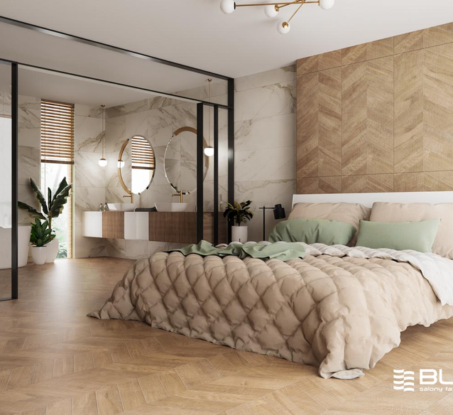 Łazienka z sypialnią uzupełniona płytkami Azario Wood Chevron Natural - BLU Salony Łazienek
