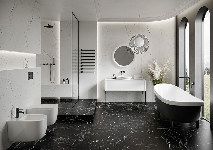 Biało - czarna łazienka z płytkami Cerrad x La Mania Marmo