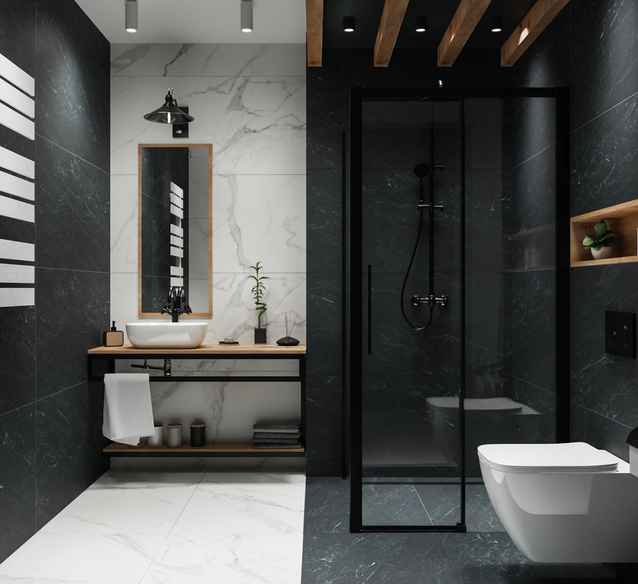 Męska łazienka z płytkami Tubądzin Regal Stone i Pietrasanta - BLU Salony Łazienek