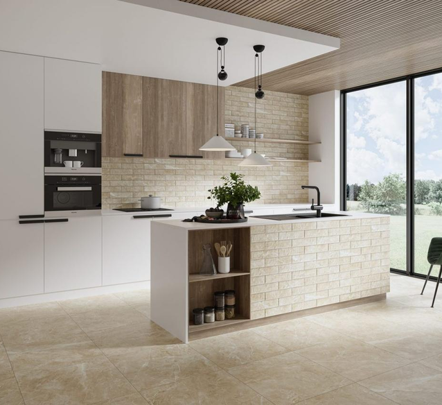 Projekt beżowej kuchni z płytką cegłopodobną Cerrad Rapid Beige - BLU Salony Łazienek