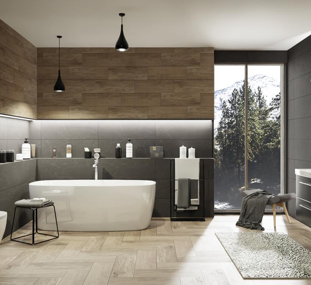 Projekt łazienki z wykorzystaniem płytek Minimal Stone marki Paradyż - BLU Salony Łazienek