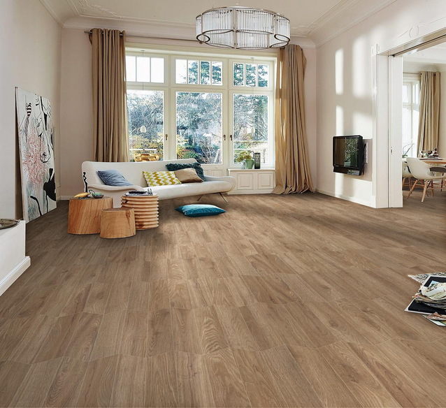 Stylowe płytki drewnopodobne Azario Chevron Walnut Mat w salonie - BLU Salony Łazienek