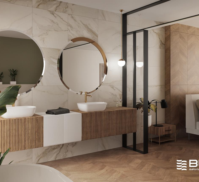 Sypialnia i salon kąpielowy z płytkami Azario Marmuri Gold - BLU Salony Łazienek