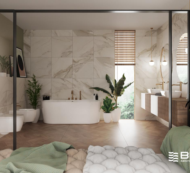 Sypialnia z domowym spa w drewnie i eleganckim marmurze Azario - BLU Salony Łazienek