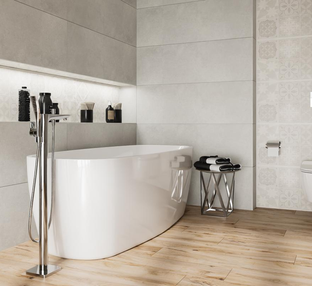 Szara łazienka z owalną wanną wolnostojacą - BLU Salony Łazienek